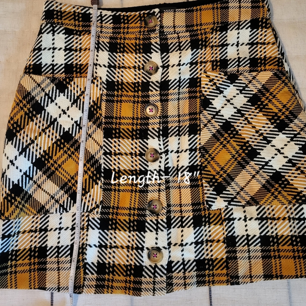 MAEVE Anthropologie Plaid Button Skirt Black Golden Yellow 6 - Picture 11 of 13